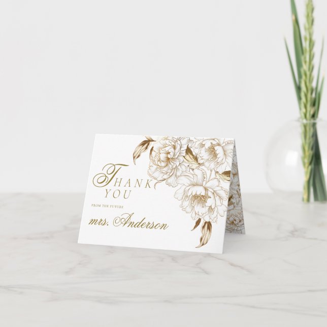 Tarjeta De Agradecimiento Flores Peonías Blancas Doradas Elegantes Despedida (Anverso)
