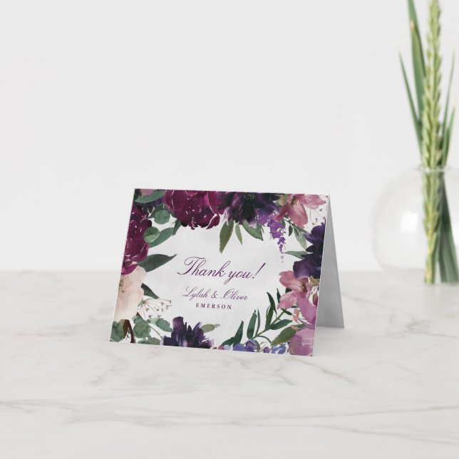 Tarjeta De Agradecimiento Flores púrpura exuberantes | Boda romántico (Anverso)