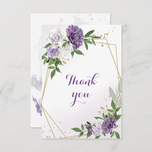 Tarjeta De Agradecimiento flores púrpura vegetación oro geométrico (Anverso / Reverso)