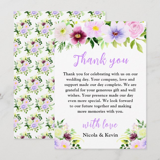 Tarjeta De Agradecimiento Flores Purpúreas de Primavera con Follaje (Anverso / Reverso)