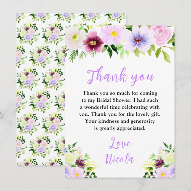 Tarjeta De Agradecimiento Flores Purpúreas de Primavera con Regaderío de Des (Anverso / Reverso)