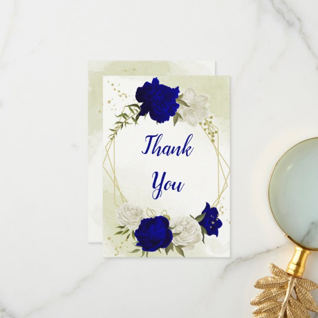 Tarjeta De Agradecimiento flores reales azules blancas hojas verdes (Anverso/Reverso In Situ)