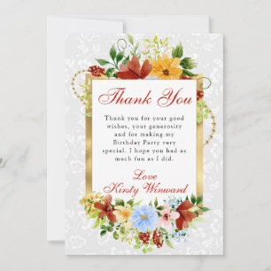 Tarjeta De Agradecimiento Flores Rojas, Azules y Amarillas Cumpleaños Dorado