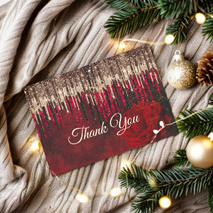 Tarjeta De Agradecimiento Flores rojas chic gotas doradas brillo monograma