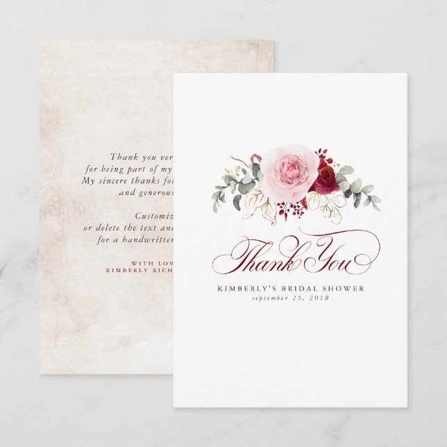 Tarjeta De Agradecimiento Flores rojas de Borgoña Elegante pequeño agradecim (Anverso / Reverso)