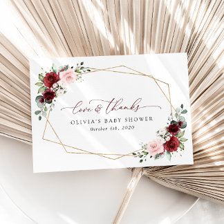 Tarjeta De Agradecimiento Flores rojas de Borgoña, flores rosas, Baby Shower