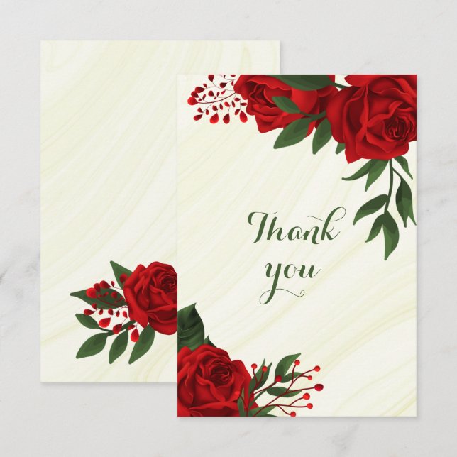 Tarjeta De Agradecimiento flores rojas hojas verdes (Anverso / Reverso)