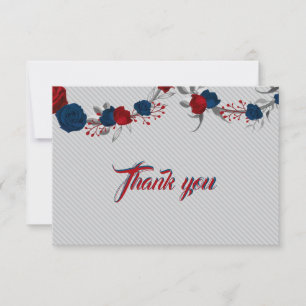 Tarjeta De Agradecimiento flores rojas y azul marino hojas grises