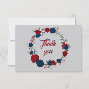 Tarjeta De Agradecimiento flores rojas y azul marino hojas grises corona