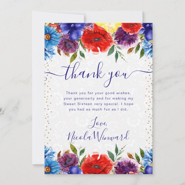 Tarjeta De Agradecimiento Flores rojas y azules de verano Dulces 16 (Anverso)