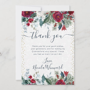 Tarjeta De Agradecimiento Flores rojas y blancas de invierno Quinceañera