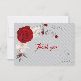 Tarjeta De Agradecimiento flores rojas y blancas hojas grises