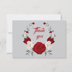 Tarjeta De Agradecimiento flores rojas y blancas hojas grises correa