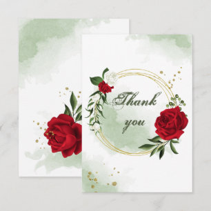 Tarjeta De Agradecimiento flores rojas y blancas verde corona dorada