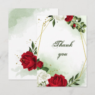 Tarjeta De Agradecimiento flores rojas y blancas verde geométrico oro