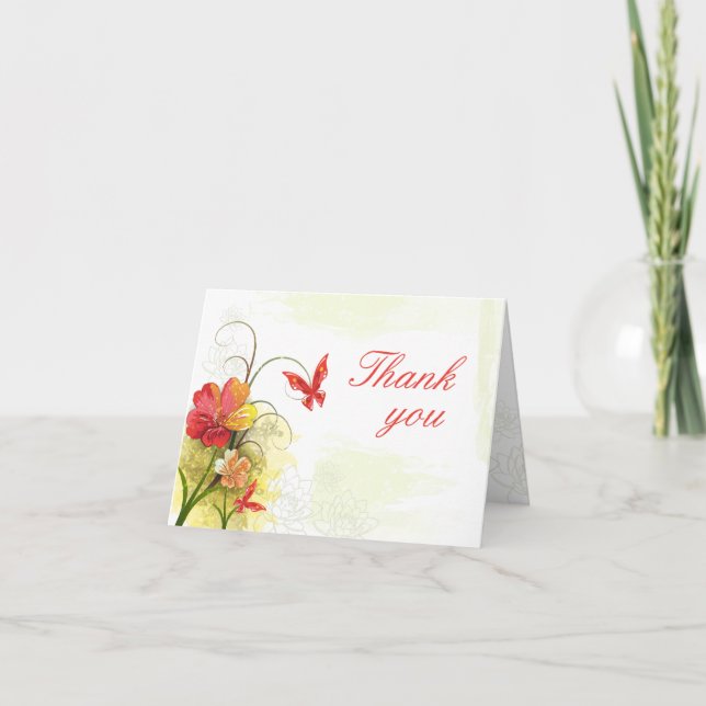 Tarjeta De Agradecimiento Flores rojas y verdes + boda de mariposa gracias (Anverso)