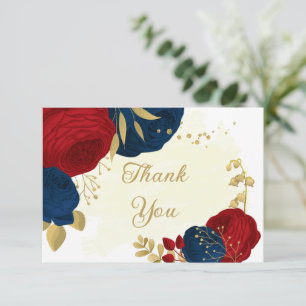 Tarjeta De Agradecimiento flores rojo oscuro y azul marino oro agradecimient