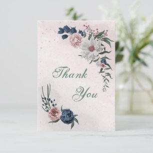 Tarjeta De Agradecimiento flores románticas rosas, blancas y azul marino