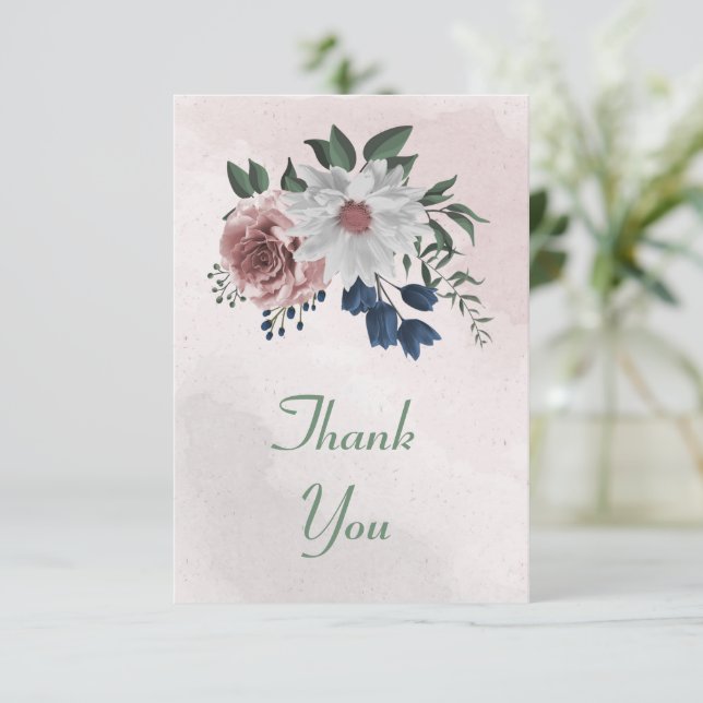 Tarjeta De Agradecimiento flores románticas rosas, blancas y azul marino (Anverso de pie)