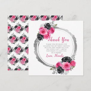 Tarjeta De Agradecimiento Flores rosa caliente y plateadas elegantes 16 dulc