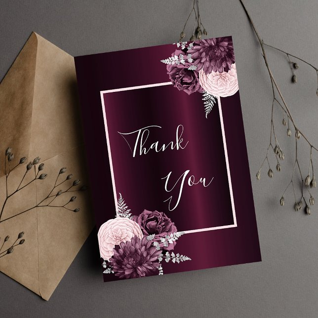 Tarjeta De Agradecimiento Flores rosa de Borgoña elegante glamoroso (Subido por el creador)