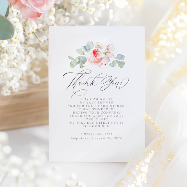 Tarjeta De Agradecimiento Flores rosa Elegante Baby Shower Gracias (Elegant Floral Thank You Card)