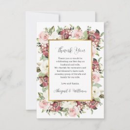 Tarjeta De Agradecimiento Flores Rosa Malva Personalizadas Marco Dorado Verd