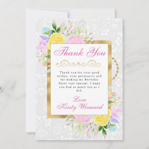 Tarjeta De Agradecimiento Flores rosadas, amarillas y azules Cumpleaños dora