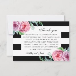 Tarjeta De Agradecimiento Flores rosadas boho. Boda floral en blanco y negro