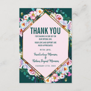 Tarjeta De Agradecimiento Flores rosadas borde dorado jade esmeralda Gracias