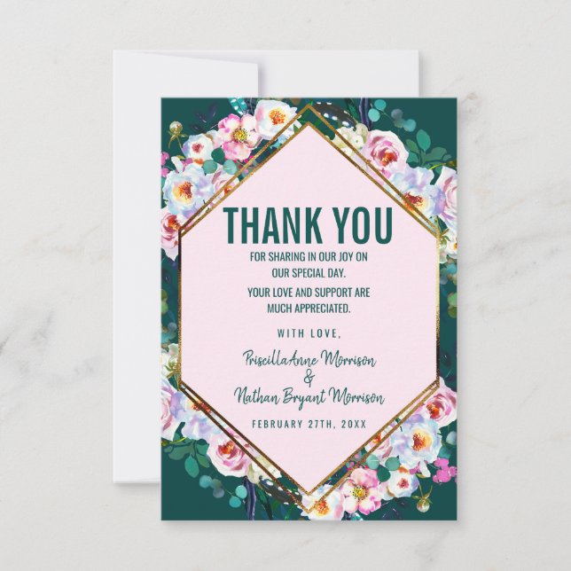 Tarjeta De Agradecimiento Flores rosadas borde dorado jade esmeralda Gracias (Anverso)