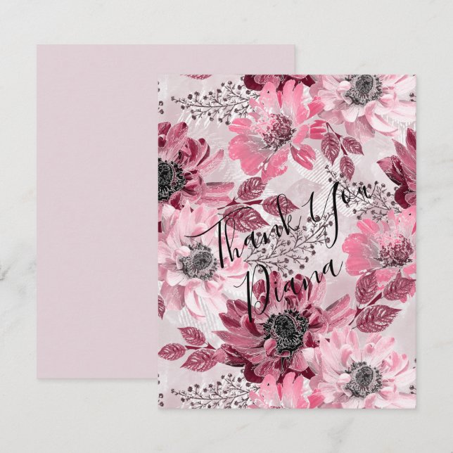 Tarjeta De Agradecimiento Flores rosadas, borgoña. (Anverso / Reverso)