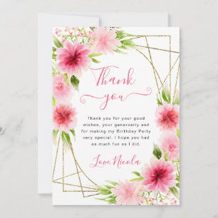 Tarjeta De Agradecimiento Flores rosadas de acuarela Cumpleaños marco dorado