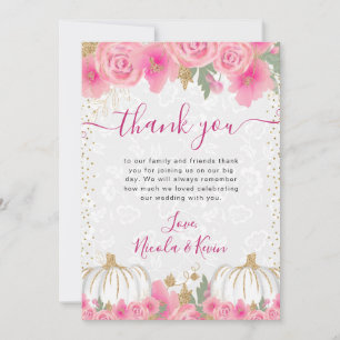 Tarjeta De Agradecimiento Flores rosadas de acuarela Otoño Boda de calabaza