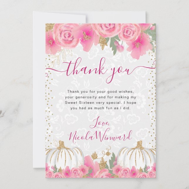 Tarjeta De Agradecimiento Flores rosadas de acuarela Otoño Calabaza Cumpleañ (Anverso)