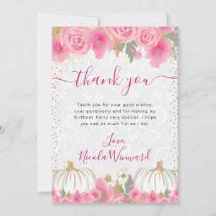 Tarjeta De Agradecimiento Flores rosadas de acuarela Otoño Calabaza Cumpleañ
