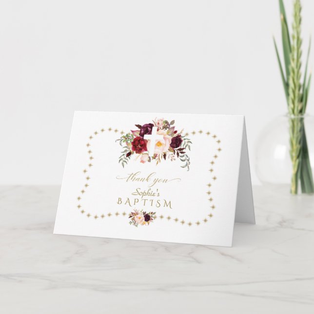 Tarjeta De Agradecimiento Flores rosadas de Borgoña Purpurina de oro esparce (Anverso)