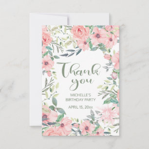 Tarjeta De Agradecimiento Flores Rosadas de Rubor Hojas Verde Salvia Dulces 