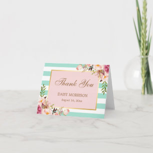 Tarjeta De Agradecimiento Flores rosadas doradas rayas verdes menta Gracias