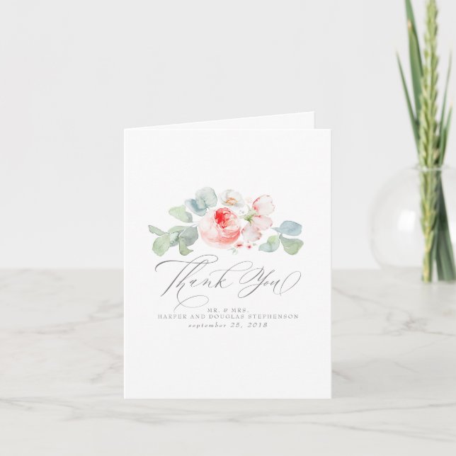 Tarjeta De Agradecimiento Flores rosadas Elegante Boda Gracias (Anverso)