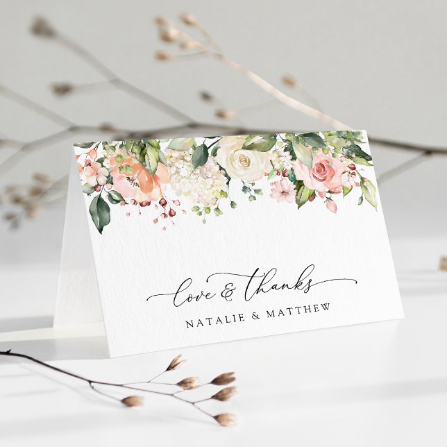 Tarjeta De Agradecimiento Flores rosadas, flores blancas, follaje, boda (Subido por el creador)