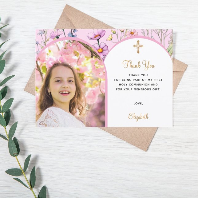 Tarjeta De Agradecimiento Flores rosadas foto arco chica cruza primera comun (Subido por el creador)