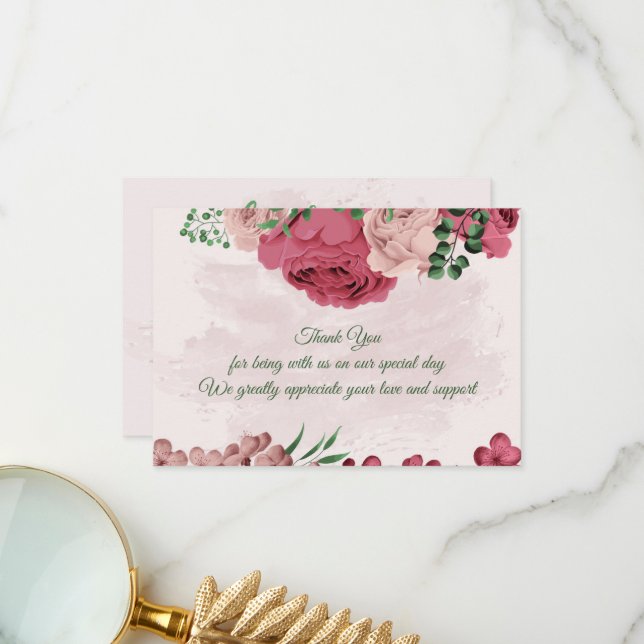 Tarjeta De Agradecimiento flores rosadas hojas verdes boda botánico (Anverso/Reverso In Situ)