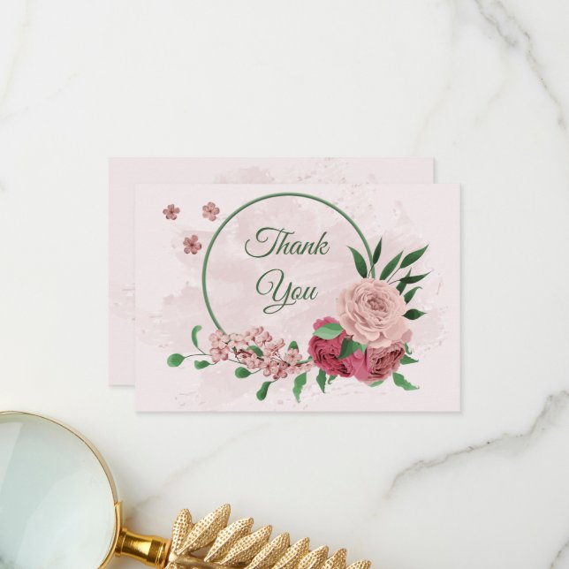 Tarjeta De Agradecimiento flores rosadas hojas verdes boda botánico (Anverso/Reverso In Situ)
