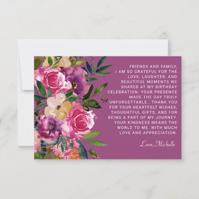 Tarjeta De Agradecimiento Flores rosadas moradas Cumpleaños de mujeres (Anverso)