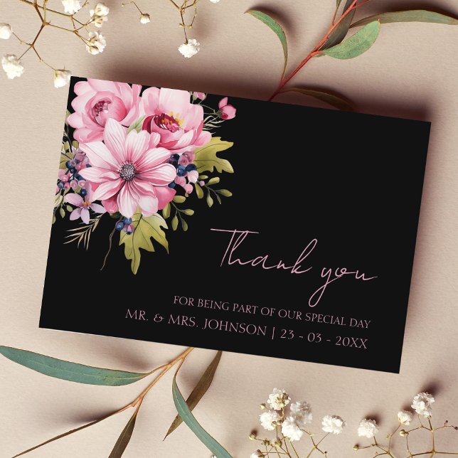 Tarjeta De Agradecimiento Flores rosadas negras florales Boda estético oscur (Subido por el creador)