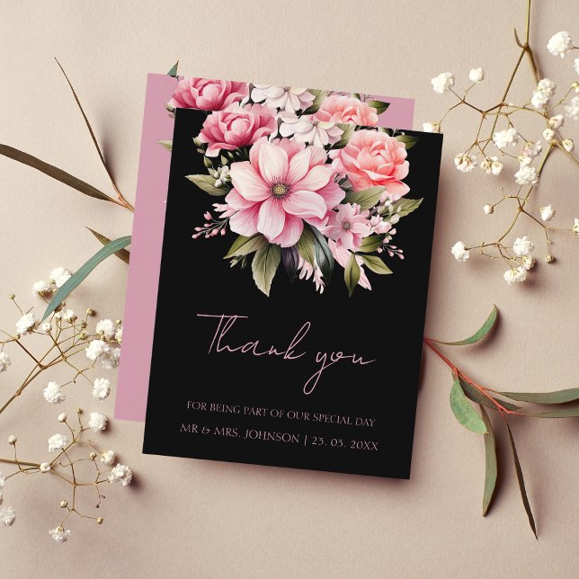 Tarjeta De Agradecimiento Flores rosadas negras florales Boda estético oscur (Subido por el creador)