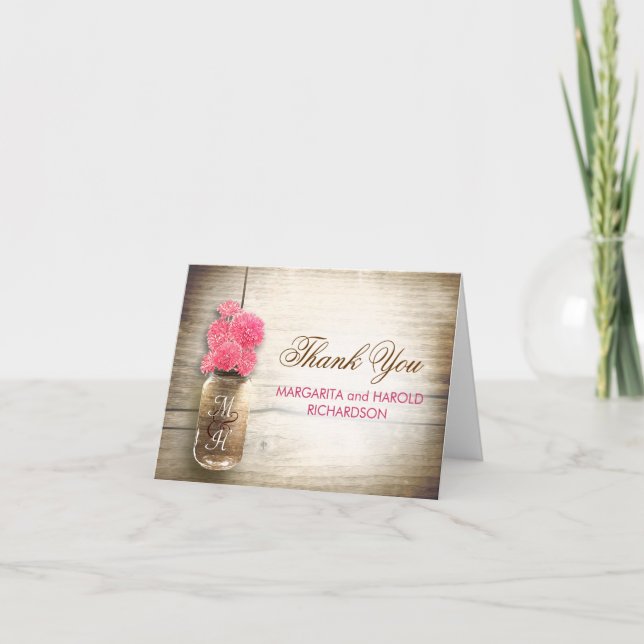 Tarjeta De Agradecimiento Flores rosadas tarro de barro de masón boda gracia (Anverso)
