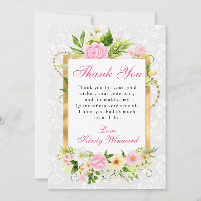 Tarjeta De Agradecimiento Flores rosadas y amarillas de verano Quinceañera d (Anverso)