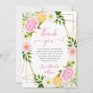 Tarjeta De Agradecimiento Flores Rosadas y Amarillas Marco Dorado Boda